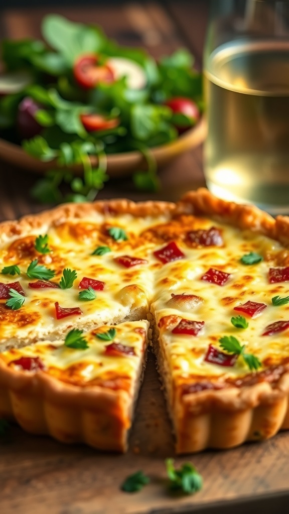A slice of golden Quiche Lorraine with bacon and cheese, garnished with parsley on a rustic table.